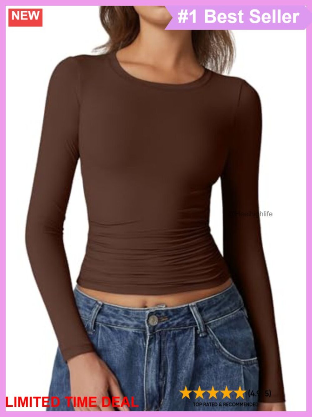 Double Lined Ruched Long Sleeve Crop Top Fitted Crewneck Basic Tee